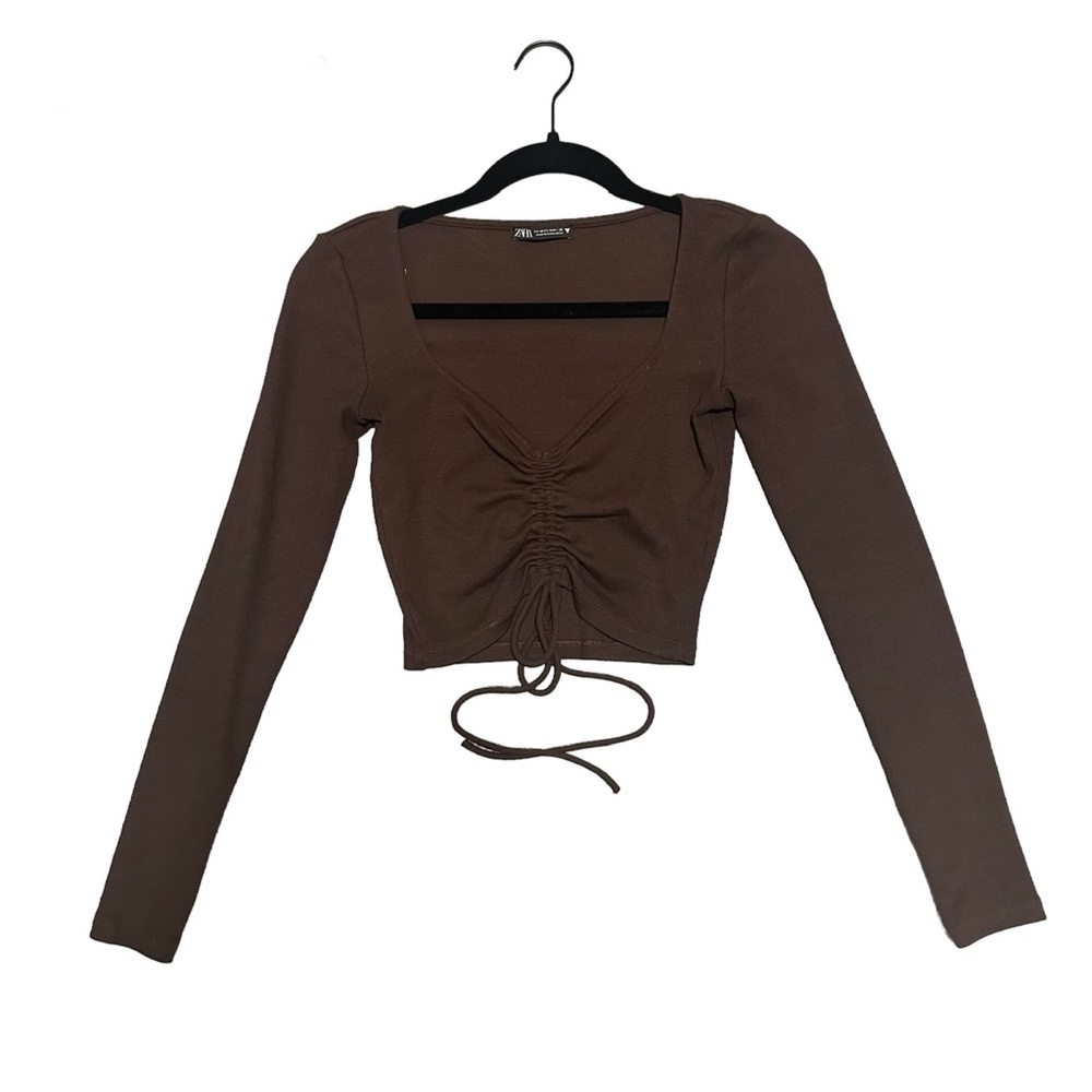 Zara Ruched Tie Front Cropped Long Sleeve